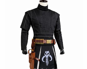 Disfraz de Boba Fett con traje de vuelo | Disfraz de Mandaloriano negro con falda de Mythosaur, chaleco antibalas y cinturón con funda marrón | Atuendo de cazarrecompensas de Star Wars