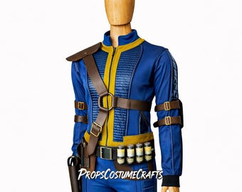 Fallout Vault Suit Cosplay Costumes With Leather Armor | Blue Vault Dweller Jupsuit | Fallout Cosplay Outfit | Halloween Costume Custom Size