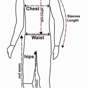 May include: A diagram illustrating body measurements for clothing. Key areas labeled include collar, shoulder, chest, waist, hips, inseam, outseam, and sleeve length. Dashed lines indicate measurement points on a stylized figure.