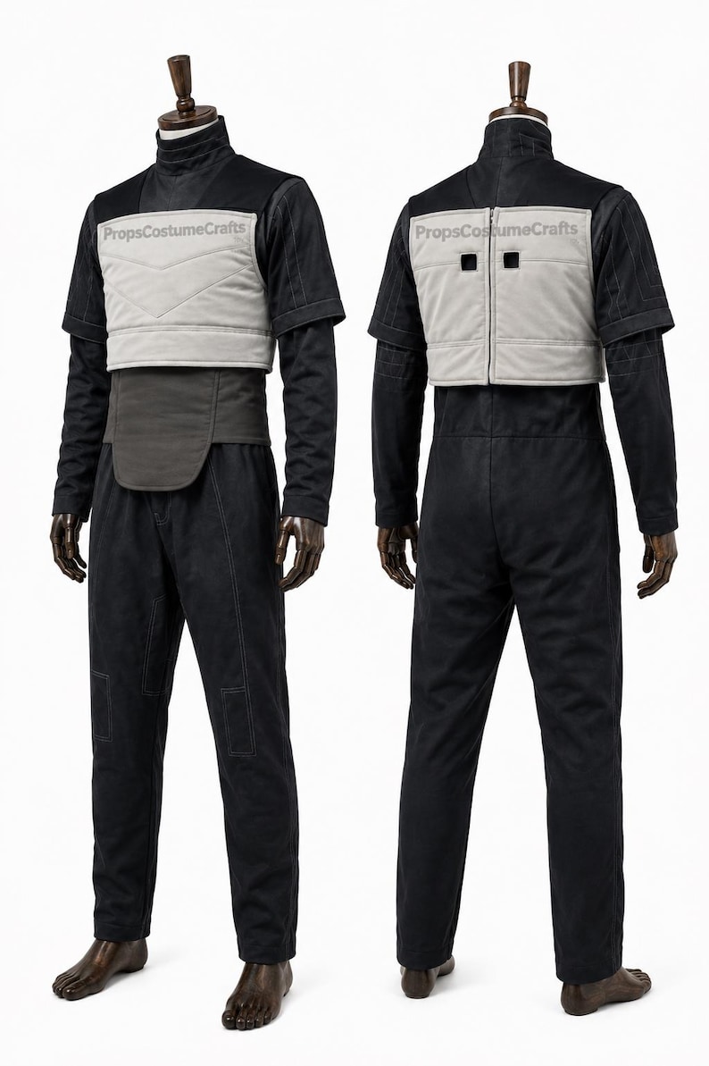 May include: A black jumpsuit featuring a high collar, short sleeves, and long trousers with visible stitching. A light gray quilted chest piece with the text PropsCostumeCrafts is attached to the front and back, paired with a dark gray waist panel.