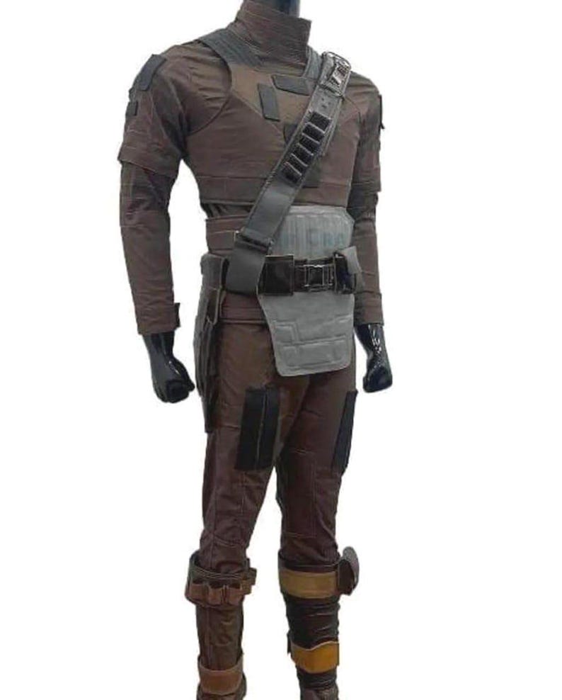 May include: A brown and grey costume with a high collar, shoulder pads, and a utility belt. The costume includes a chest piece, leg armour, and a shoulder strap with pouches. The outfit is displayed on a mannequin.