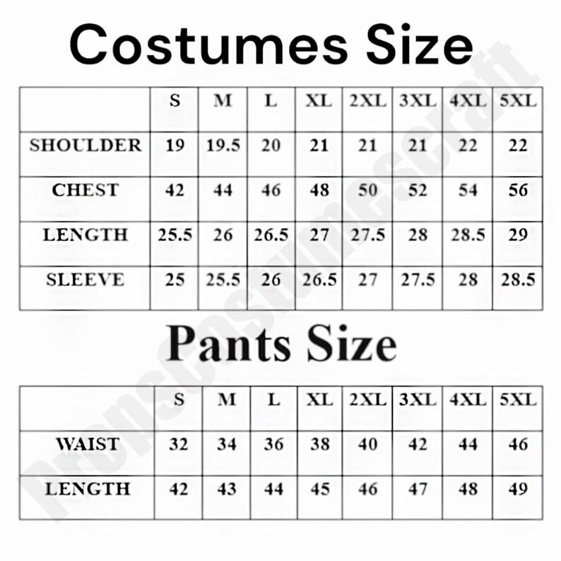 May include: A size chart for costumes and pants, with measurements in inches. The chart includes sizes S to 5XL, detailing shoulder, chest, length, sleeve, waist, and length measurements for each size. The text "Costumes Size" and "Pants Size" are at the top.