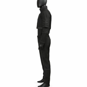 May include: A black outfit consisting of a cropped jacket, high-neck top, and pants. The jacket features geometric stitching on the shoulders and sleeves. The pants have a straight leg design with matching stitching. The outfit is displayed on a mannequin.