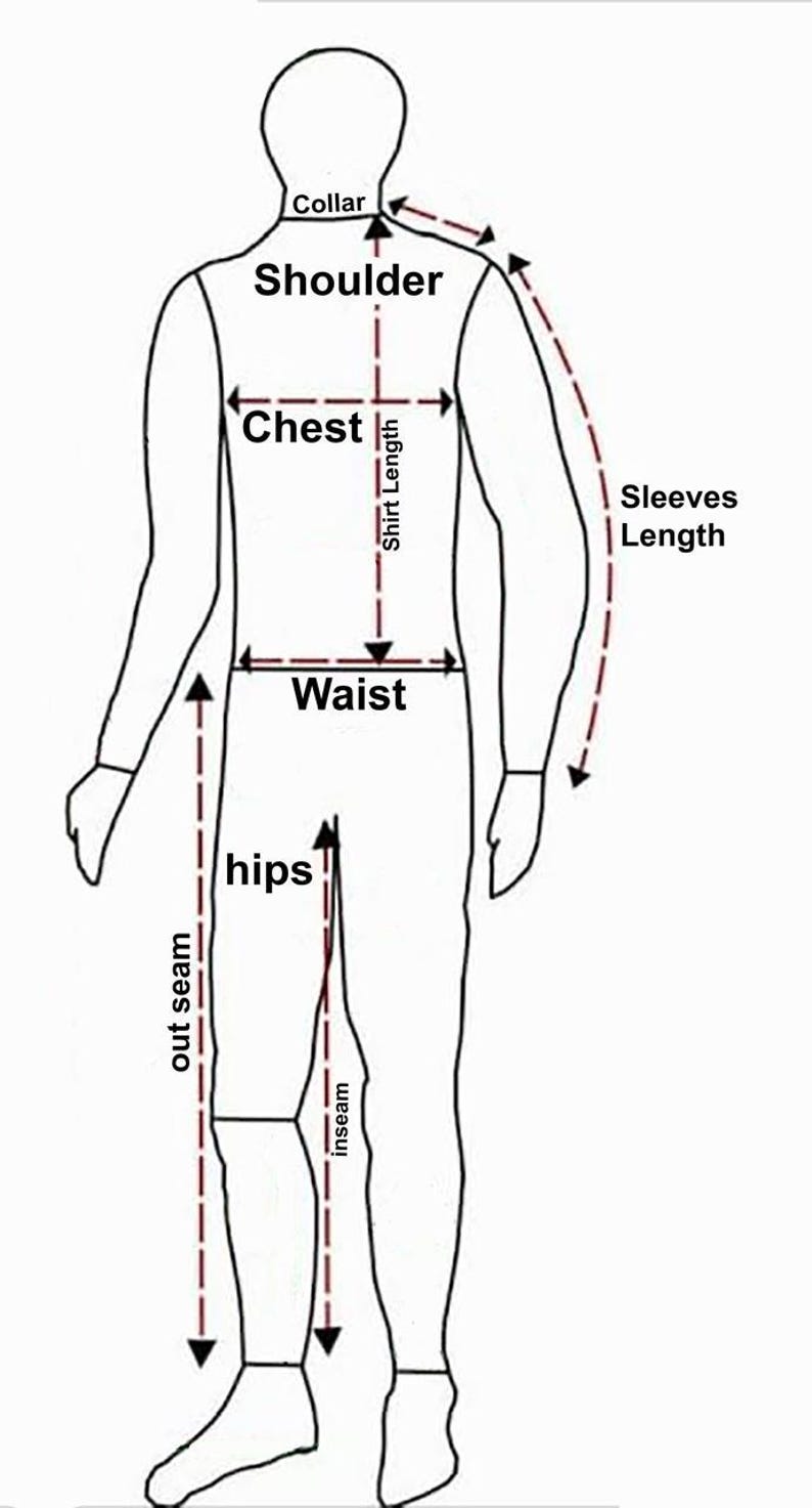 May include: A diagram showing body measurements for clothing. Key areas labelled include collar, shoulder, chest, waist, hips, inseam, outseam, and sleeve length. Dashed lines indicate measurement points.