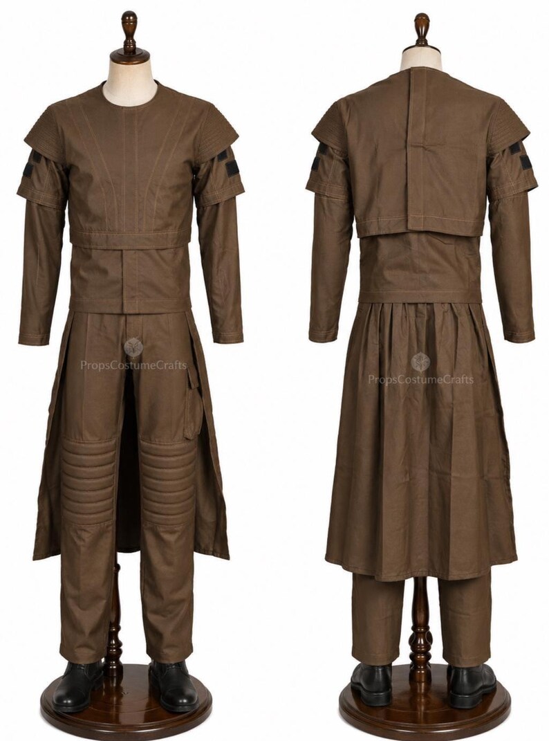 May include: A brown costume with a long-sleeved top, pants, and a long skirt-like piece. The top has a round neck and shoulder accents. The pants have knee padding. The costume is displayed on a mannequin.