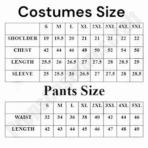 May include: A size chart for costumes and trousers, with measurements in inches. The chart includes sizes S to 5XL, detailing shoulder, chest, length, sleeve, waist, and length measurements for each size. The text "Costumes Size" and "Pants Size" are at the top.