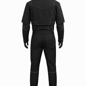 May include: A black jumpsuit with white stitching details. The outfit includes a jacket with geometric accents and matching pants. The mannequin is wearing black gloves and shoes. The overall design is modern and sleek.