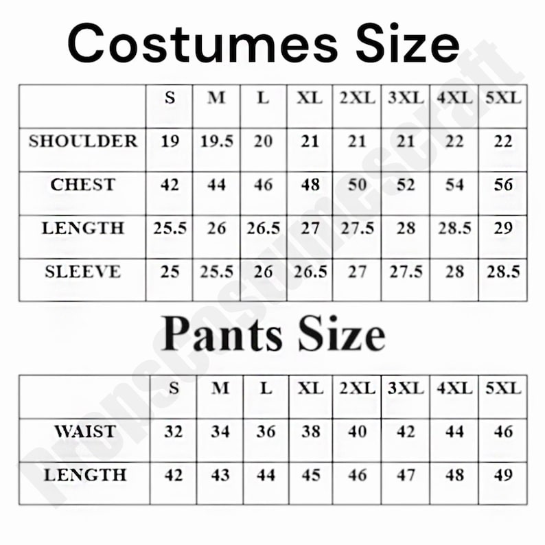 May include: A black and white sizing chart for costumes and pants. The Costumes Size table lists shoulder, chest, length, and sleeve measurements for sizes S through 5XL. The Pants Size table lists waist and length measurements for sizes S through 5XL.