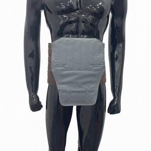 May include: A gray and brown back support belt. The belt has a wide, padded gray section that covers the lower back and abdomen, and a brown band that wraps around the waist. The mannequin is black.