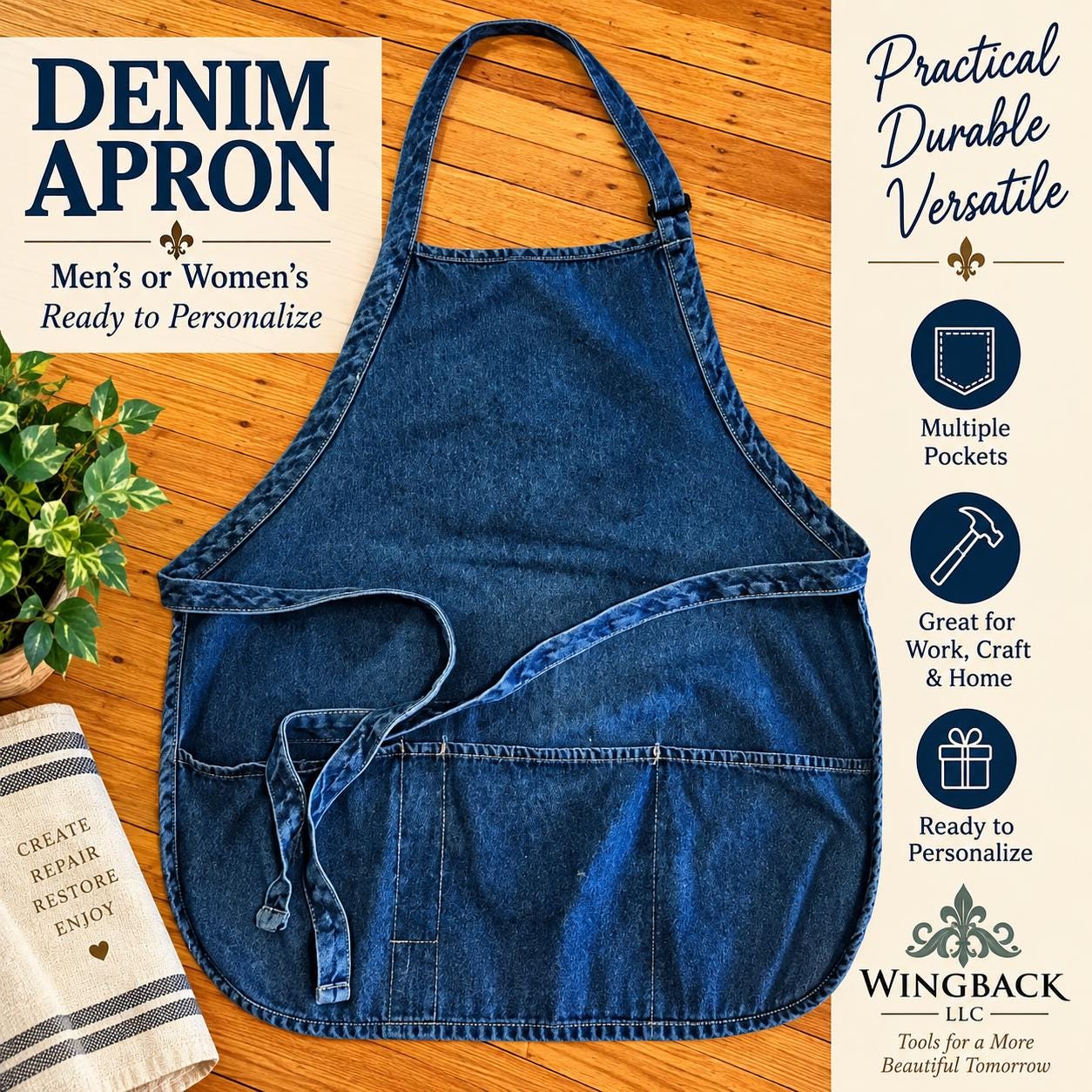 Denim Apron - Mens or Womens Apron with pockets ready to personalize