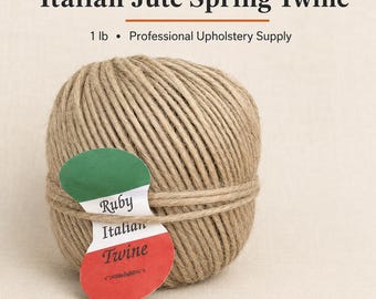 May include: A ball of tan jute twine weighing 1 lb, labeled as Italian Jute Spring Twine and Professional Upholstery Supply. A tag with green, white, and red colors features the text Ruby Italian Twine and the company name Wingback LLC.