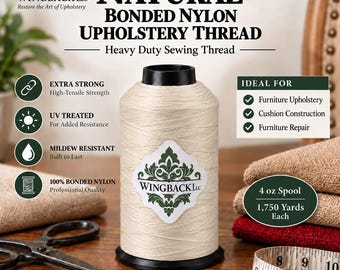 May include: A spool of natural-colored bonded nylon upholstery thread with a black top and base. The label features the Wingback LLC logo. Text includes Natural Bonded Nylon Upholstery Thread, Heavy Duty Sewing Thread, 4 oz Spool, and 1,750 Yards.