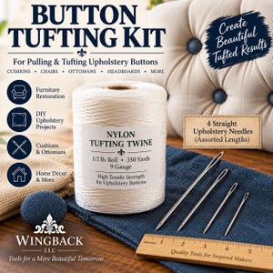 May include: A button tufting kit featuring a white spool of nylon tufting twine labeled 1/2 lb. and 350 yards, four straight upholstery needles of assorted lengths, and a wooden ruler showing measurements in inches for furniture restoration projects.