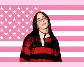 Pink American Flag Billie Eilish Tapestry – Pop Singer Wall Art – Aesthetic Bedroom Dorm Decor – Gift for Music Fans