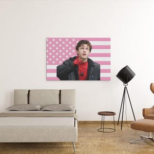 Puede incluir: Impresi&oacute;n en lienzo que presenta un retrato de un joven frente a un fondo de la bandera estadounidense rosa y blanca. El hombre lleva una camisa roja y una chaqueta negra. La habitaci&oacute;n incluye una cama, una silla y una l&aacute;mpara tr&iacute;pode negra.