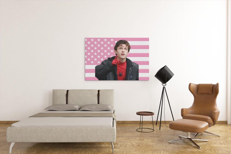 Puede incluir: Impresi&oacute;n en lienzo que presenta un retrato de un joven frente a un fondo de la bandera estadounidense rosa y blanca. El hombre lleva una camisa roja y una chaqueta negra. La habitaci&oacute;n incluye una cama, una silla y una l&aacute;mpara tr&iacute;pode negra.