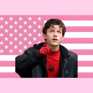 Tapiz con la bandera estadounidense rosa de Tom Holland: bandera de pared del actor de Spider-Man, pancarta de la película Marvel, decoración para fans de superhéroes, arte rosa para dormitorio. imagen 1