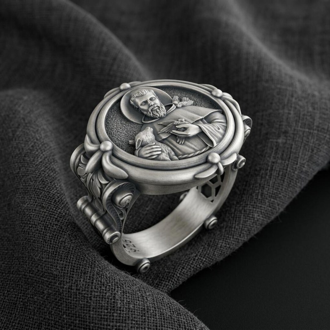 Saint Francis Signet Ring - Oxidized Silver With Animal Protector