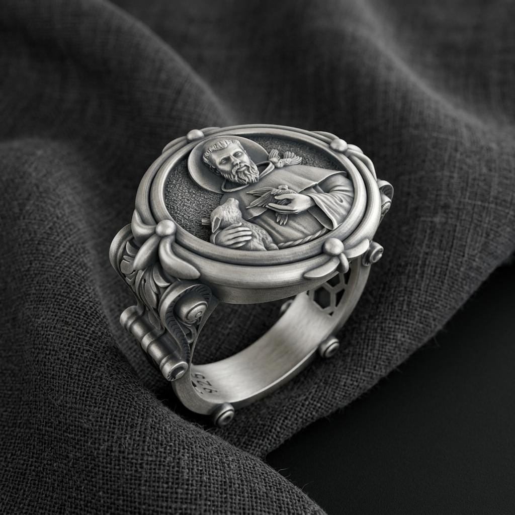 Saint Francis Signet Ring - Oxidized Silver With Animal Protector