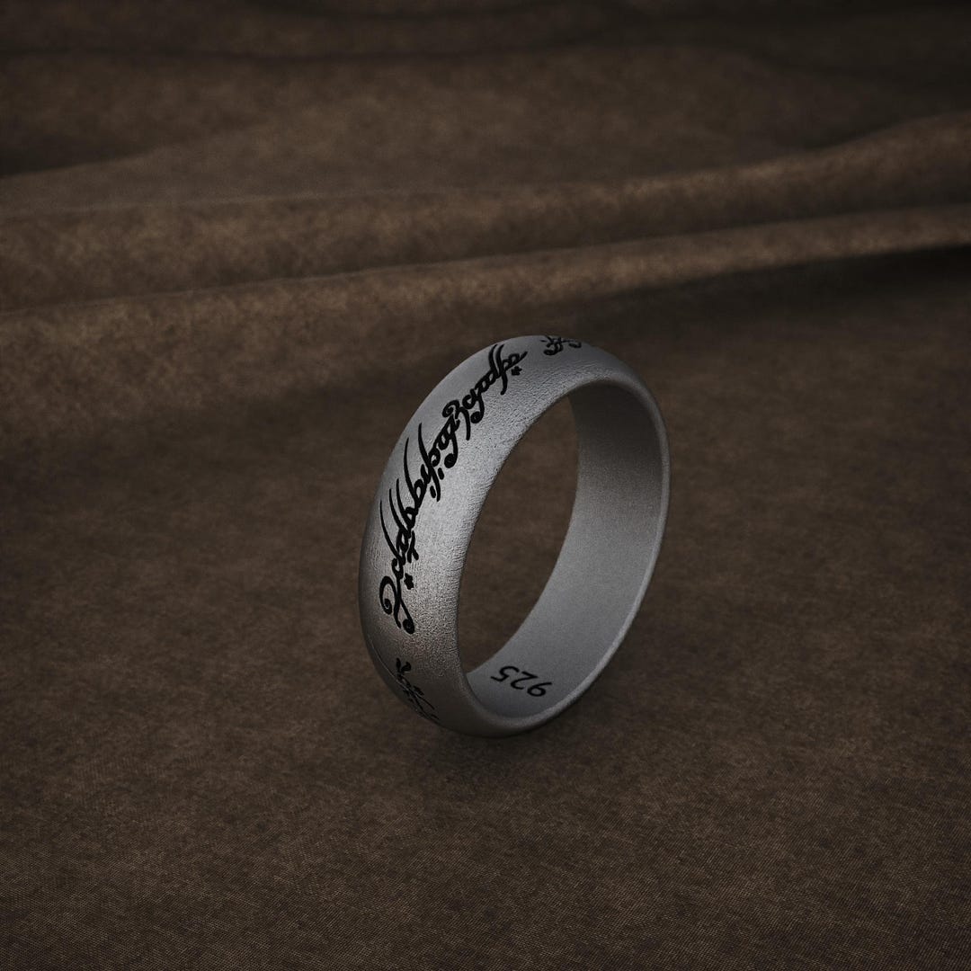 925 Sterling Silver Elvish Script Band Ring, Handmade Tengwar Engraved ...