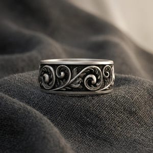 Baroque Sterling Silver Ring, Acanthus Leaf Scrollwork (Men's Band)