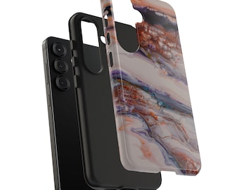 May include: A black smartphone with a black protective case and a decorative phone case. The decorative case features a swirling abstract design in shades of white, orange, purple, and blue.