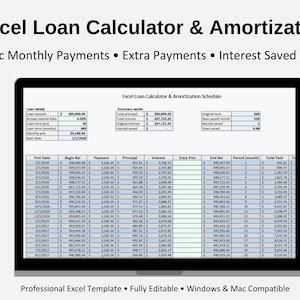 May include: A computer screen displays an Excel loan calculator and amortization schedule. The screen shows data tables and the text "Automatic Monthly Payments, Extra Payments, Interest Saved, Time Saved." Icons indicate auto-calculation, ease of use, and interest savings. The template is for mortgages, auto, personal, and business loans.