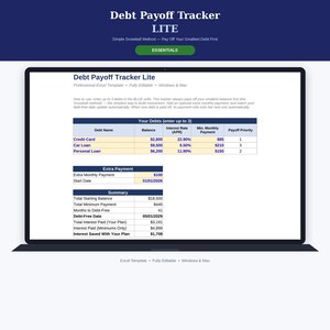 Puede incluir: Una plantilla digital de Excel Debt Payoff Tracker Lite mostrada en la pantalla de una computadora portátil. La hoja de cálculo incluye secciones para nombres de deudas, saldos, tasas de interés, pagos mensuales y un resumen.