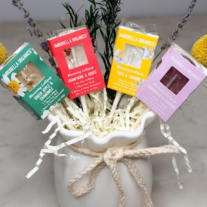 May include: A white ceramic vase tied with a rope bow, containing four lollipops in brightly coloured boxes. The boxes are labelled "Green Apple & Chamomile", "Champagne & Roses", "Yuzu & Jasmine", and "Lemongrass & Lavender". The vase is decorated with greenery and dried flowers.