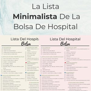May include: A minimalist hospital bag checklist in Spanish, with two color options: sage green and dusty rose. The list is divided into sections for documents, baby care, personal items, and postpartum care.