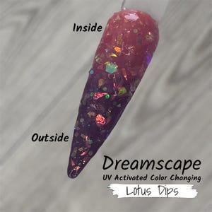 Può includere: Un campione di unghia con un effetto sfumato, che passa dal viola scuro sulla punta al rosa rossastro alla base. L'unghia è incastonata con glitter iridescenti. Il testo "Dreamscape" e "Lotus Dips" è visibile.