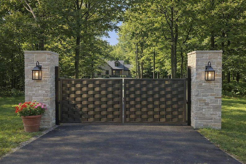 Modern Privacy Driveway Gate With Interwoven Design | Custom Steel ...