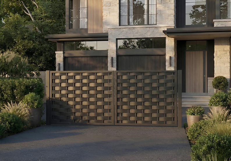 Modern Privacy Driveway Gate With Interwoven Design | Custom Steel ...