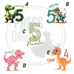 Könnte beinhalten: Eine Sammlung farbenfroher Dinosaurier-Illustrationen mit Zahlen und Namen. Das Bild zeigt einen grünen Dinosaurier mit der Zahl 5 und dem Namen "MARTEN". Weitere Illustrationen zeigen einen rosa Dinosaurier mit der Zahl 2 und dem Namen "ICH BIN".