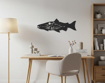 Arte de pared de metal con diseño de pez de río y montaña, decoración de metal inspirada en la naturaleza para el hogar, la oficina o la cabaña, decoración de pared personalizable con peces.