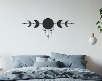 Moon Phase Metal Wall Art, Boho Moon Wall Decor with Hanging Charms, Celestial Home Decoration for Bedroom, Living Room & Meditation Space