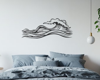 Arte de pared de metal con olas oceánicas, decoración de pared de playa costera, diseño moderno de olas marinas, arte náutico de metal para sala de estar, patio o casa de playa.