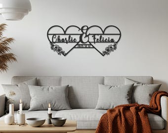 Personalized Metal Wall Decor, Custom Name & Date, Wedding Heart Design with Roses, Romantic Home Decor for Couples, Anniversary Gift