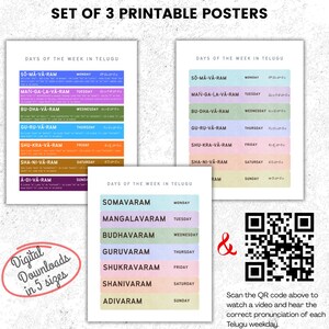 May include: Set of 3 printable posters featuring the days of the week in Telugu. Each poster displays the days in Telugu script alongside their English translations. The posters are in various colors and include a QR code for pronunciation.
