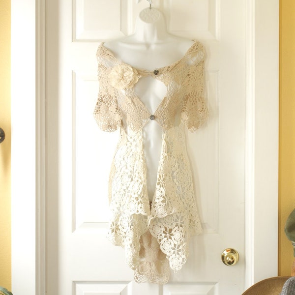 Crochet  Vest,  Repurposed Boho Upcycled Ecru & Cream Vintage lace, Edwardian and Renaissance Inspired