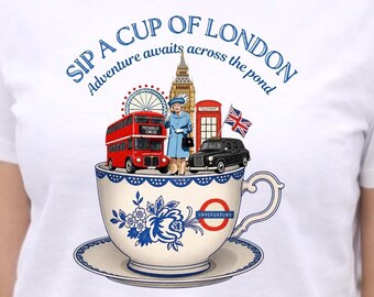 London Tea Cup T-Shirt, Vintage British Icon Graphic Tee, Queen Elizabeth Souvenir Gift Shirt