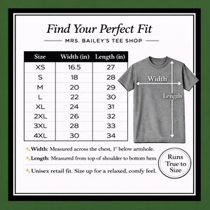 May include: A grey t-shirt with a size chart and the text "Find Your Perfect Fit." The chart lists sizes XS to 4XL with width and length measurements in inches. The shirt's width is measured across the chest, and the length from the shoulder to the hem.