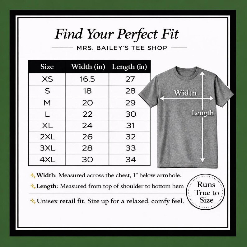 May include: A grey t-shirt with a size chart and the text "Find Your Perfect Fit." The chart lists sizes XS to 4XL with width and length measurements in inches. The shirt's width is measured across the chest, and the length from the shoulder to the hem.