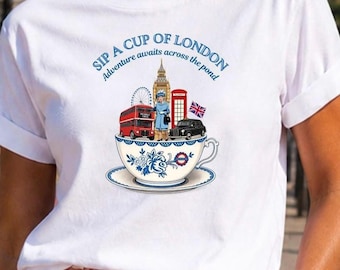 London Icon Tea Cup T-Shirt, London England  Graphic T-Shirt, Queen Elizabeth Souvenir Gift Shirt, London Underground Tee