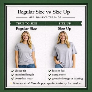 May include: A comparison chart from Mrs. Bailey's Tee Shop, showing the difference between regular and size-up t-shirts. The chart includes two women wearing grey t-shirts, with descriptions of fit and style. Text includes "Regular Size vs Size Up".