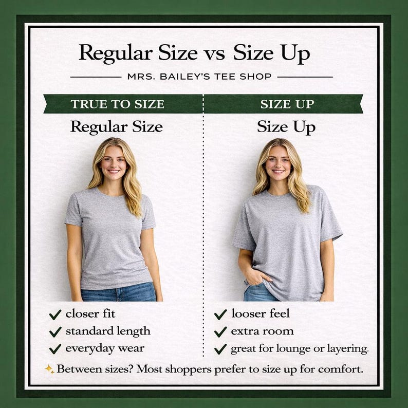 May include: A comparison chart from Mrs. Bailey's Tee Shop, showing the difference between regular and size-up t-shirts. The chart includes two women wearing grey t-shirts, with descriptions of fit and style. Text includes "Regular Size vs Size Up".