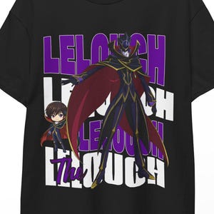 May include: Black t-shirt featuring a graphic of an anime character with a cape and the name "Lelouch" in purple and white block letters. The design includes a smaller character illustration. The shirt is hanging on a wooden hanger.