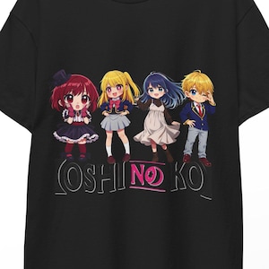May include: Black t-shirt featuring a colorful anime-style graphic of four characters. The characters have different hair colors and outfits. The text "OSHI NO KO" is printed below the characters in white, with the word "NO" highlighted in a red circle.