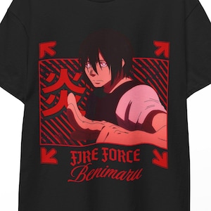 May include: Black t-shirt with a red graphic of an anime character and the text "Fire Force Benimaru". The design incorporates Japanese characters and arrows within a red square.