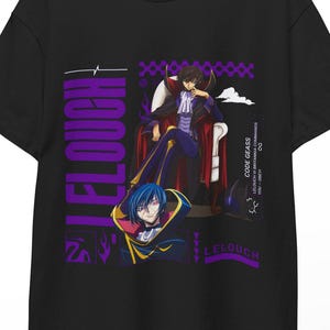 May include: Black t-shirt featuring anime-style illustrations of Lelouch Lamperouge from Code Geass. The design includes the text "LELOUCH" in purple and other graphic elements. The shirt is hanging on a hanger.